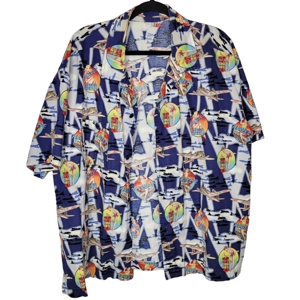 Vintage 90s Hawaiian Pinup Babes WWII Bomber Hawkeye Planes Button Up Shirt - Picture 2 of 4